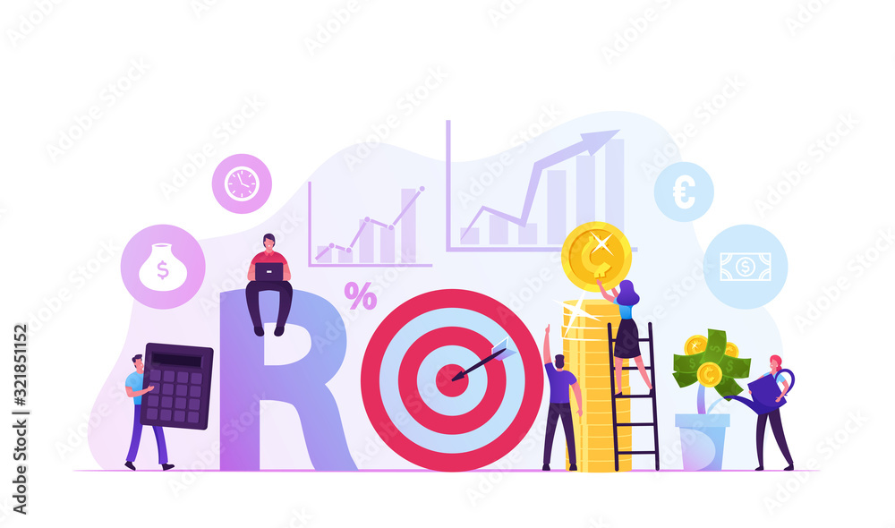 Return on Investment, ROI, Market and Finance Business Analysis and Growth Concept. People Get Refund for Deposit, Invest Money Digital Marketing Profit Wealth Capital Cartoon Flat Vector Illustration - obrazy, fototapety, plakaty 