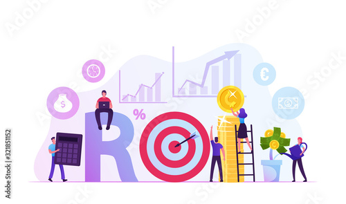 Return on Investment, ROI, Market and Finance Business Analysis and Growth Concept. People Get Refund for Deposit, Invest Money Digital Marketing Profit Wealth Capital Cartoon Flat Vector Illustration photo