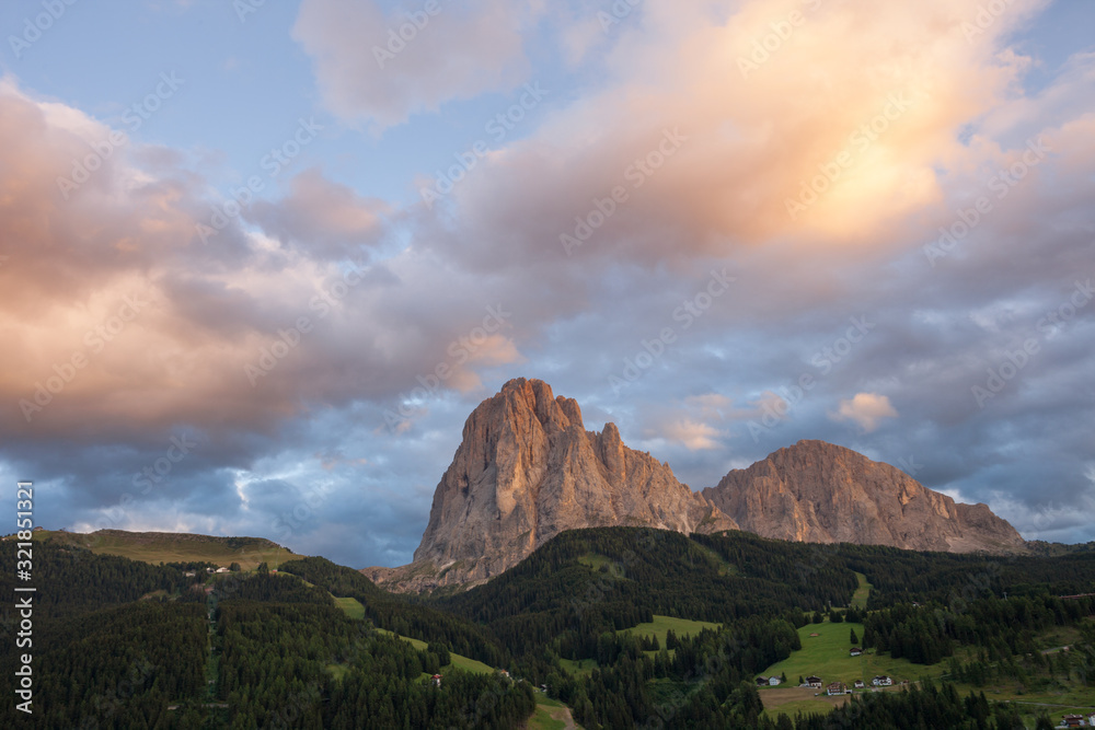 The north eastern side of Sasso Lungo at sunset from the Val Gardena area