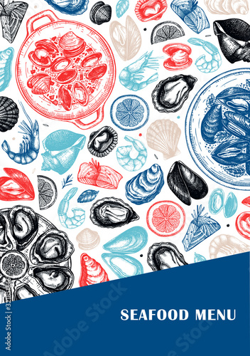 Vector seafood A5 flyer design. Hand drawn fish, shellfish, shrimps, mollusks sketches with herbs, spices and lemon. Great for package, recipes, seafood restaurant or shop menu. 