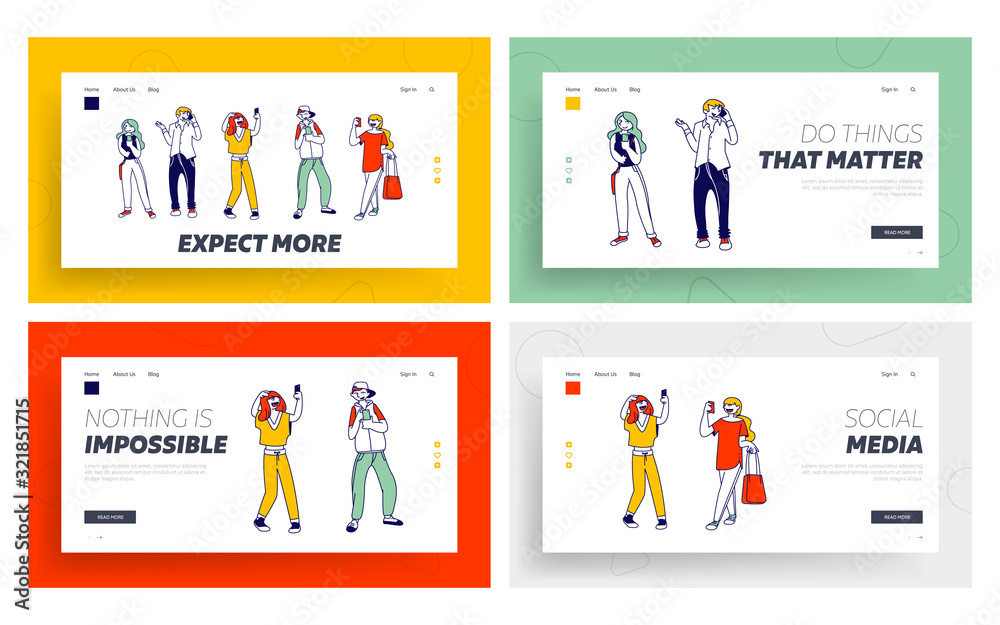 Teenagers Gadget Addiction Website Landing Page Set. Teens Communicate by Cellphones, Texting Sms and Making Selfie on Smartphone, Mobile Usability Web Page Banner. Cartoon Flat Vector Illustration
