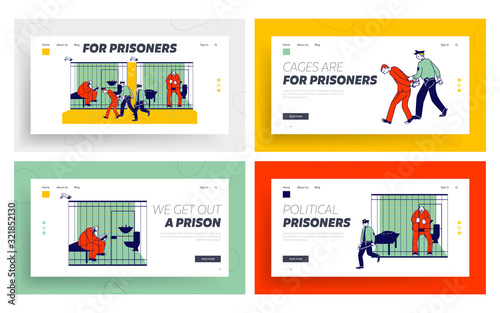 People in Jail Website Landing Page Set. Man Officer Bringing New Prisoner to Prison. Life in Jailhouse. Police Indoors Interior, Cops and Criminals Web Page Banner. Cartoon Flat Vector Illustration