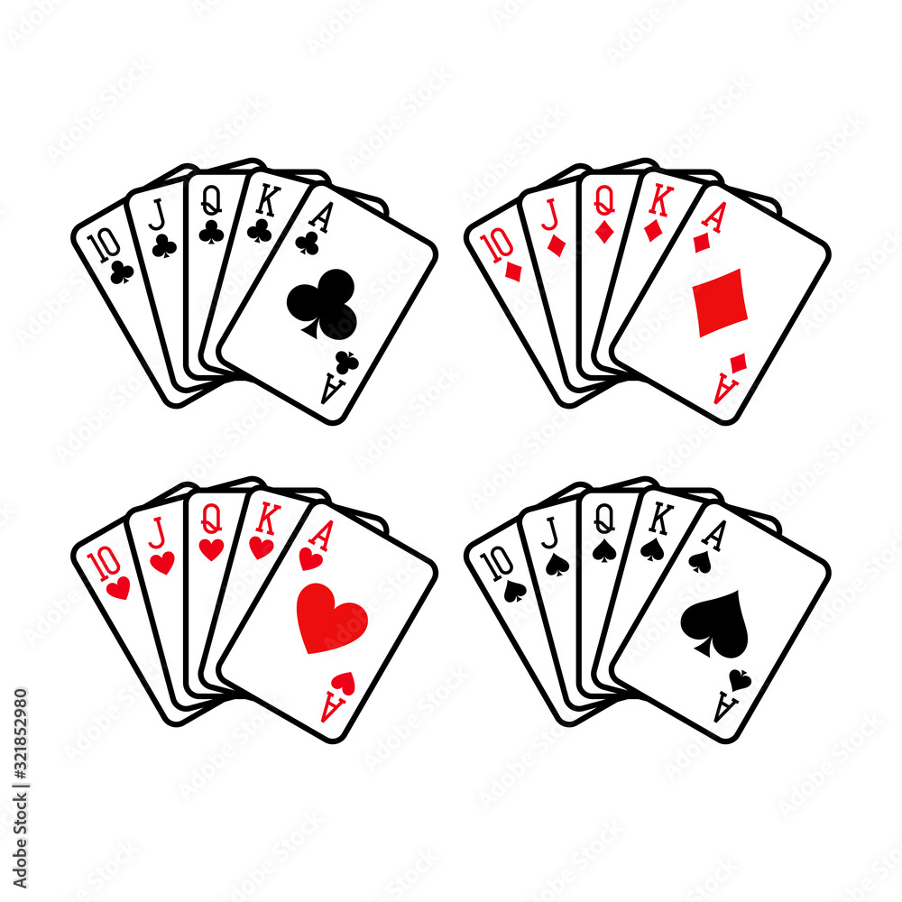 Create an artistic representation of a royal flush, the highest-ranking  hand in poker, using vibrant colors and intricate details. showcase the  five cards (ace, king, queen, jack, and ten) from a single