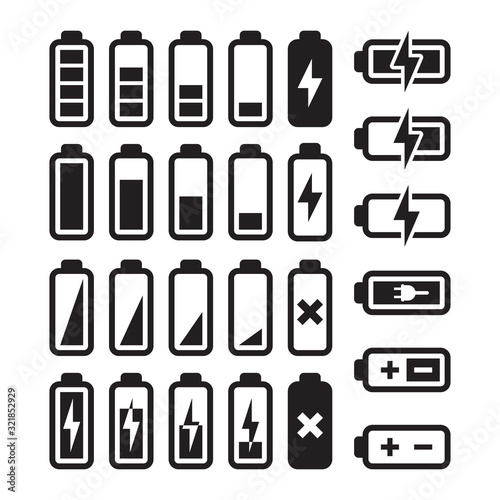 Battery empty and full with a lightning bolt charge symbol. Black isolated simple battery vector icon set.
