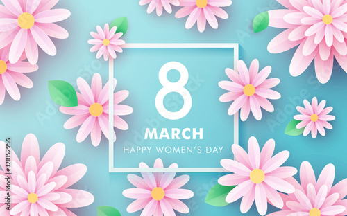 8 march. Happy Women's Day. Paper cut floral poster, banner or greeting card. Origami flower holiday background. Promotion, shopping template with square frame, place for text. Trendy Design Template