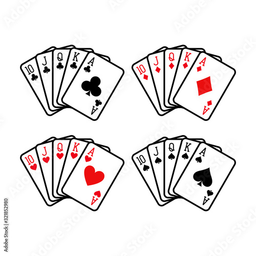 Royal flush hand of clubs, diamonds, hearts and spades playing cards deck colorful illustration. Poker cards, jack, queen, king and ace vector.