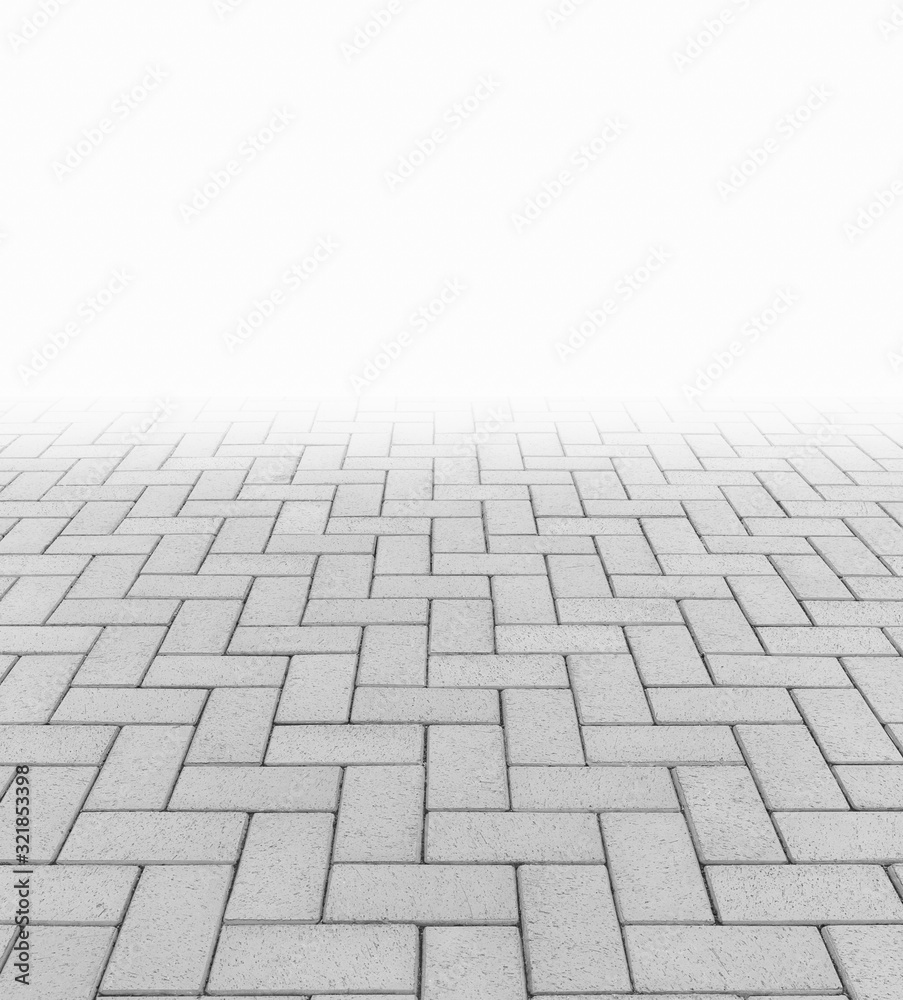 Paver brick floor also call brick paving, paving stone or block paving. Manufactured from concrete or stone for road, path, driveway and patio. Empty floor in perspective view for texture background.