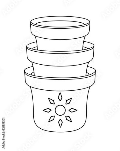 Flower pots stacked on top of each other - vector linear picture. A set of flowerpots stacked in each other - equipment for gardening and indoor plants. Outline. For coloring