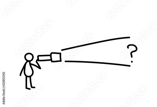 Vector illustration, business scribing doodle. Man standing with a lantern searching for the information.