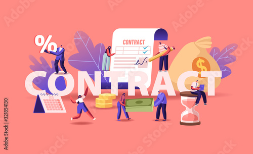 Business People Make a Deal Agreement, Checking and Signing Contract Concept. Man Put Signature on Paper Document with Check Marks Poster Banner Flyer Brochure. Cartoon Flat Vector Illustration