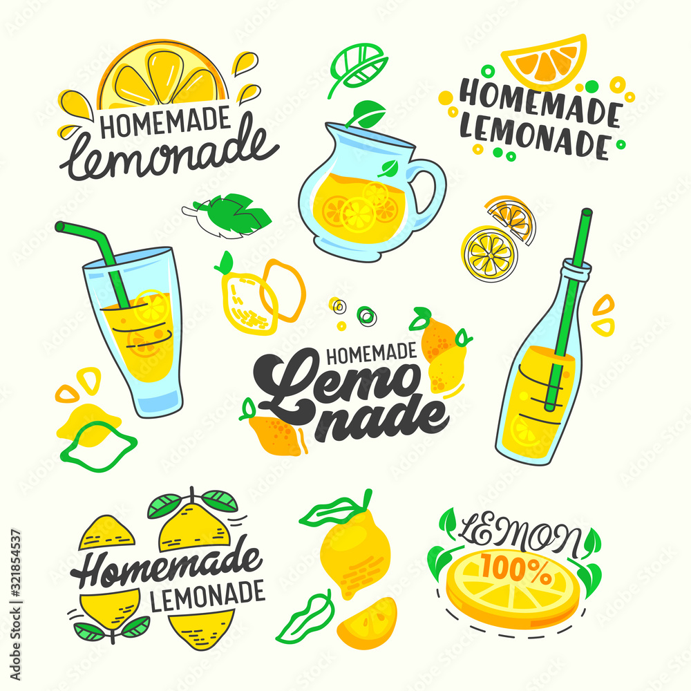 Homemade Lemonade Set Typography and Doodle Elements. Yellow Lemon Fruits, Glass Bottles and Carafe with Sweet Drink, Ornament for Wrapping Paper, Print Design on White Background Vector Illustration Homemade Lemonade Set Typography and Doodle Elements. Yellow Lemon Fruits, Glass Bottles and Carafe with Sweet Drink, Ornament for Wrapping Paper, Print Design on White Background Vector Illustration