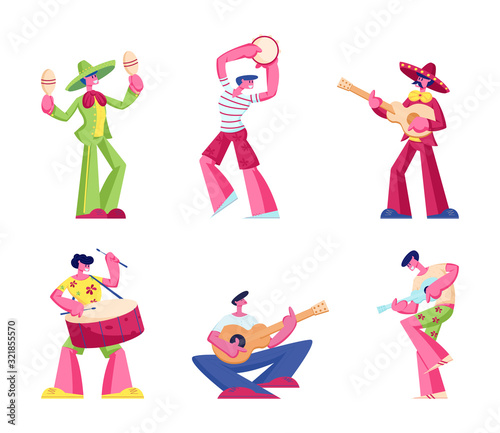 Set of Cinco De Mayo and Brazil Festival Characters, Mexican Men in Colorful Costumes and Sombrero Playing Guitar, Drums and Maracas. National Folk Music Holiday. Cartoon Flat Vector Illustration