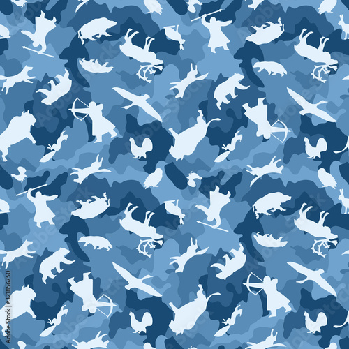 Blue camouflage seamless pattern of wild animals and northern hunters.