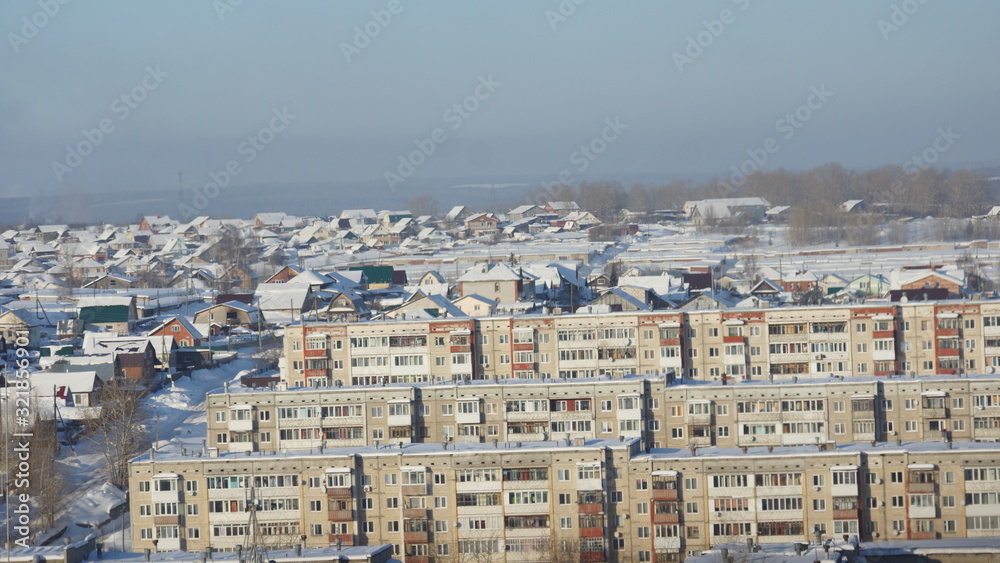 panorama of the winter city from the upper angle