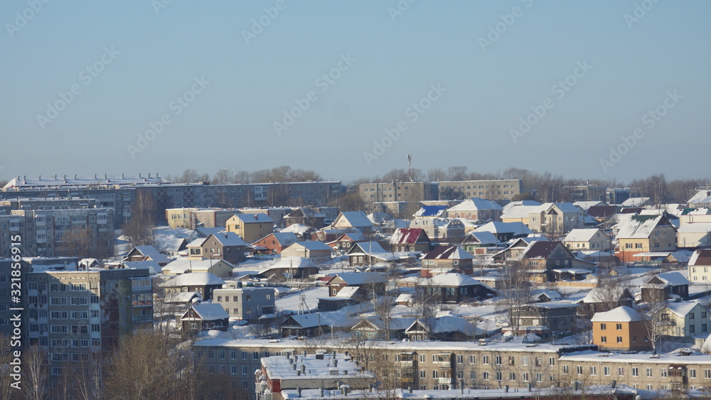 panorama of the winter city from the upper angle