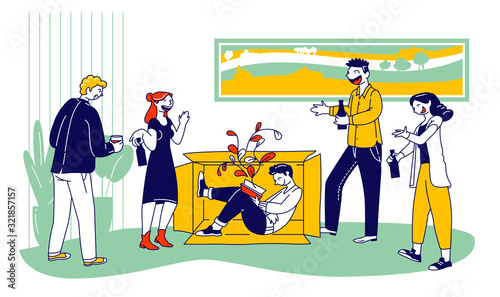 Introvert Vs Extravert Concept. Introverted Male Character Sitting inside of Box Reading Book while the rest People Happy Men and Women Communicate and Drink Alcohol Cartoon Flat Vector Illustration