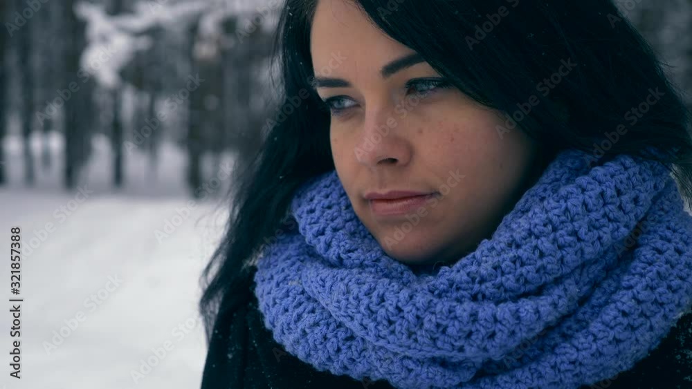 Sad Beautiful Girl Thinking Walking In Winter Forest During Snowfall. Vacation on Nature. Cold Frost Weather. Snow Covered Trees In Wood. Slow motion 60 fps Sad Beautiful Girl Thinking Walking In Winter Forest During Snowfall. Vacation on Nature. Cold Frost Weather. Snow Covered Trees In Wood. Slow motion 60 fps