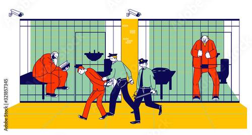 Prisoners in Prison Jail and Policemen. People in Orange Jumpsuits in Cell. Arrested Convict Men Stand Behind of Metal Bars. Life in Jailhouse. Police Indoors Interior Cartoon Flat Vector Illustration