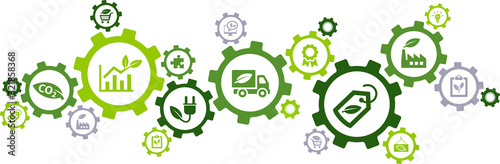 Sustainable business or green business vector illustration. Concept with connected icons related to environmental protection and sustainability in business.