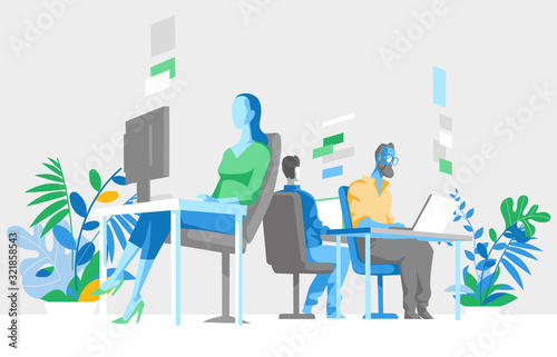 Impiegati, colleghi lavorano sul computer in ufficio - illustrazione vettoriale photo