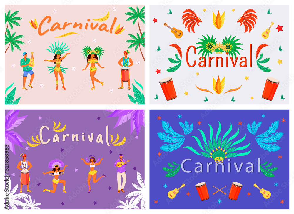 Carnival banner flat vector templates set. Horizontal poster word concepts design. Musicians and dancers cartoon illustrations with typography. National holiday symbols on colorful backgrounds