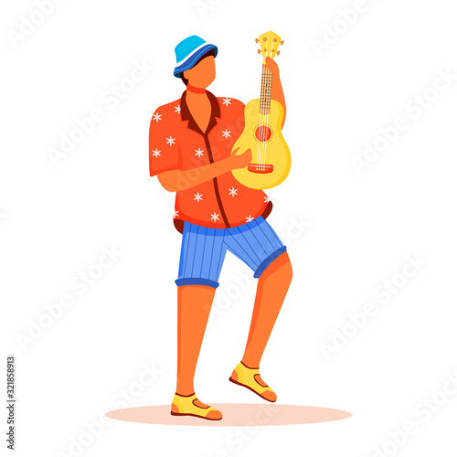Standing male playing ukulele flat color vector faceless character. Latino man in shirt and shorts. Traditional music. Brazilian carnival isolated illustration for web graphic design and animation