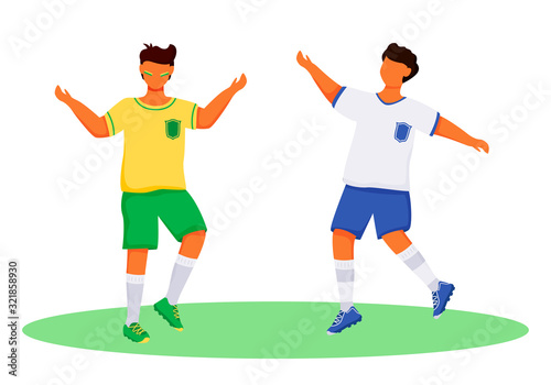 Latino boys in sportswear flat color vector faceless characters. Football fans. Standing teenager. Sportsmen. Brazil carnival isolated cartoon illustration for web graphic design and animation
