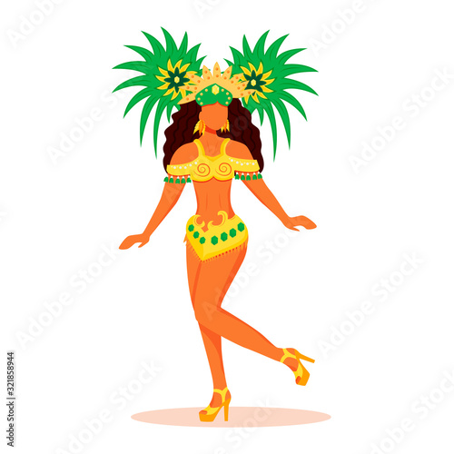 Brazil carnival flat color vector faceless character. Lady in carnival costume. Masquerade parade. Standing woman in festive headdress isolated cartoon illustration for graphic design and animation