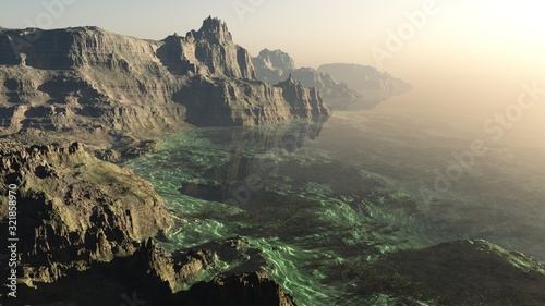 Earth of the beginning of time, primeval seashore, rocky lagoon, 3D rendering