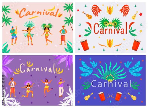 Carnival banner flat vector templates set. Horizontal poster word concepts design. Musicians and dancers cartoon illustrations with typography. National holiday symbols on colorful backgrounds
