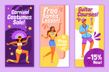 Brazilian carnival flyers flat vector templates set. Free samba lesson printable leaflet design layout. Festive costumes sale. Gitar courses advertising web vertical banner, social media stories