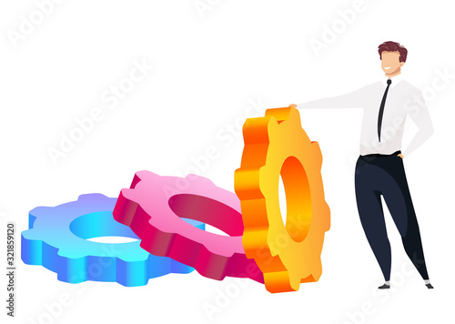 Man with cogwheels flat concept vector illustration. Service improvement 2D cartoon character for web design. Software settings. Smiling male in official wear creative idea