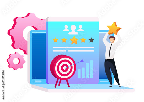 Man holding star flat concept vector illustration. Marketing automation 2D cartoon character for web design. Lead management. Arrow in target. Customer relationship management creative idea