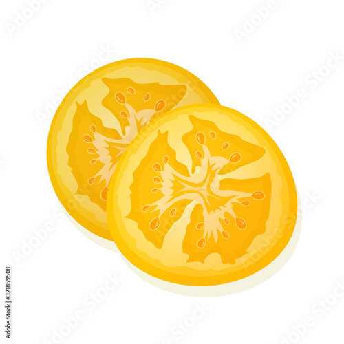 Slice of yellow tomato isolated on white. Two slices of ripe juicy tomato. Vector Illustration.