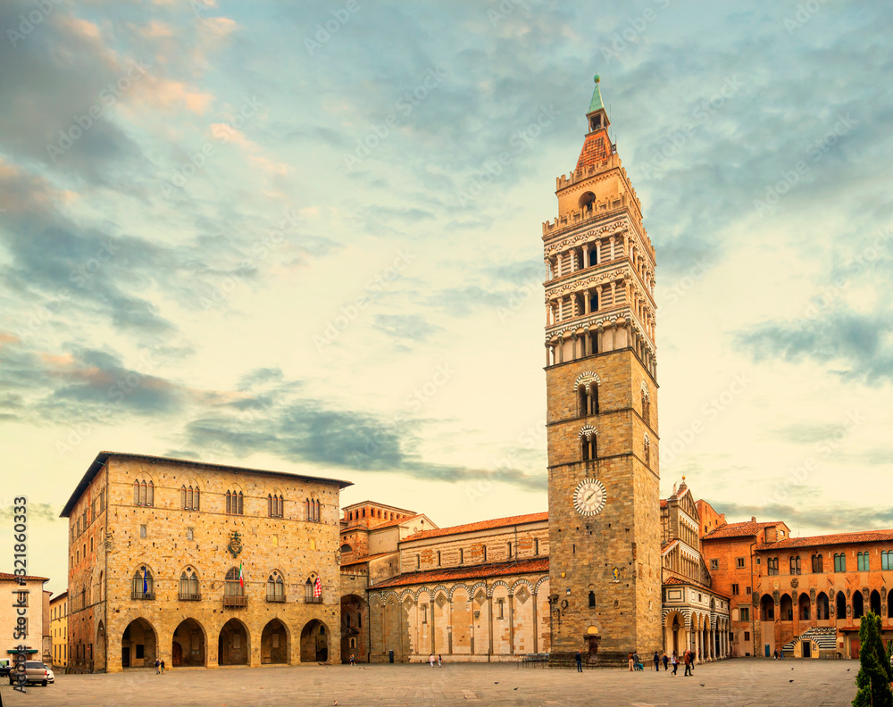 Piazza del Duomo square with old Town Hall and Cathedral of San Zeno in Pistoia, region of Tuscany, Italy.