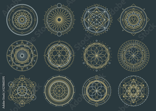 Vector set of sacred geometric figures, dreamcatcher and mystic symbols, alchemical and spiritual signs