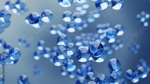 Abstract water hydrogen and oxygen glass molecules floating in blue fluid background with selective focus - environment, water or clean energy concept