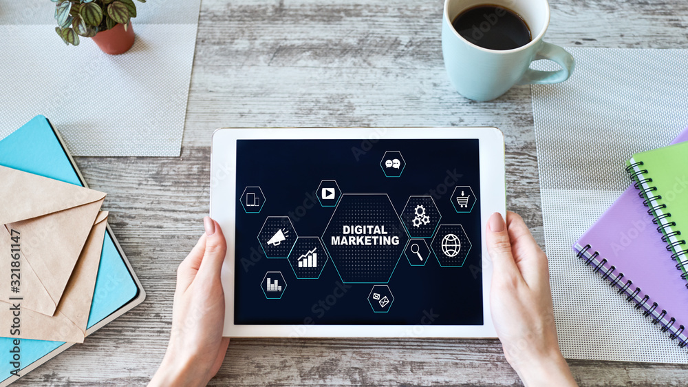 Digital marketing concept on screen. Business and internet concept.