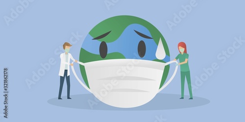The world is sick and sad concept.Doctors and nurses are taking care of the world by wearing masks,Control of epidemics and viruses.vector illustration