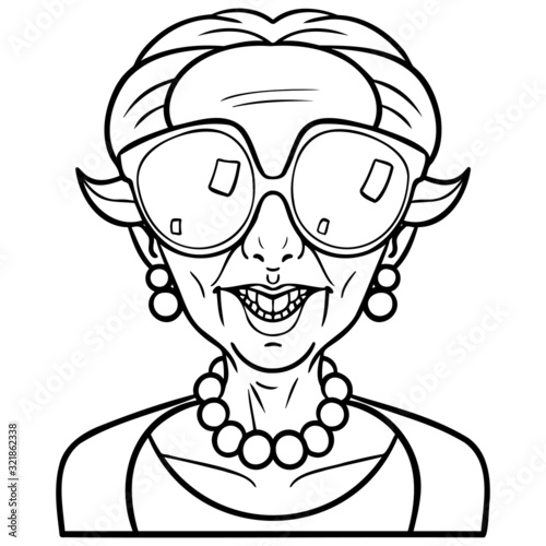 monochrome funny illustration of an old woman laughing and wearing big sunglasses. short hair, coloring page, comic, character, vector,