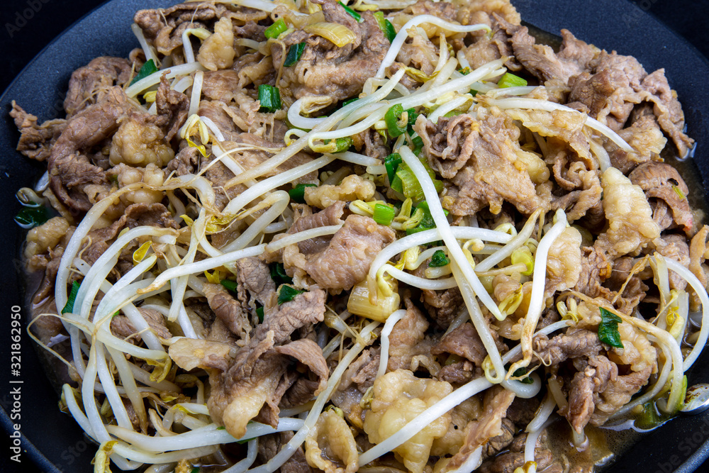 Fried Beef Brisket and mung bean sprout with soy sauce Fried Beef Brisket and mung bean sprout with soy sauce