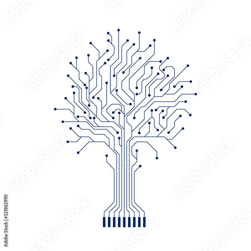 Abstract Circuit Tree Silhouette. Computer engineering hardware system. Technology design element. Vector