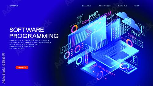 Programming web banner. Best programming languages. Technology process of Software development