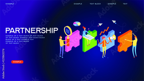 Startup team. People interact with each other, with computers, graphics, puzzles. Goal thinking. Modern 3d isometric vector illustration of web page.  Design concept. Cooperation construction by agenc