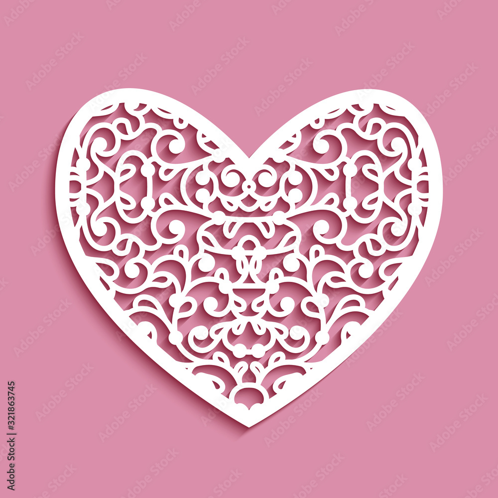 Ornamental heart with lace pattern, template for laser cutting