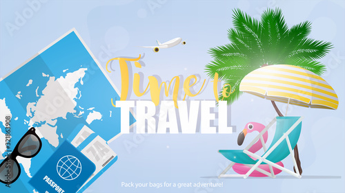 Time to travel. The banner is blue. World map, sun glasses, airplane thumbnail, beach deck chair and umbrella. An inflatable circle in the form of a pink flamingo. Vector illustration.