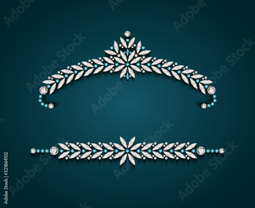 Princess diadem and bracelet with diamonds and precious gem stones, elegant jewellery tiara, set of women's jewelry decoration