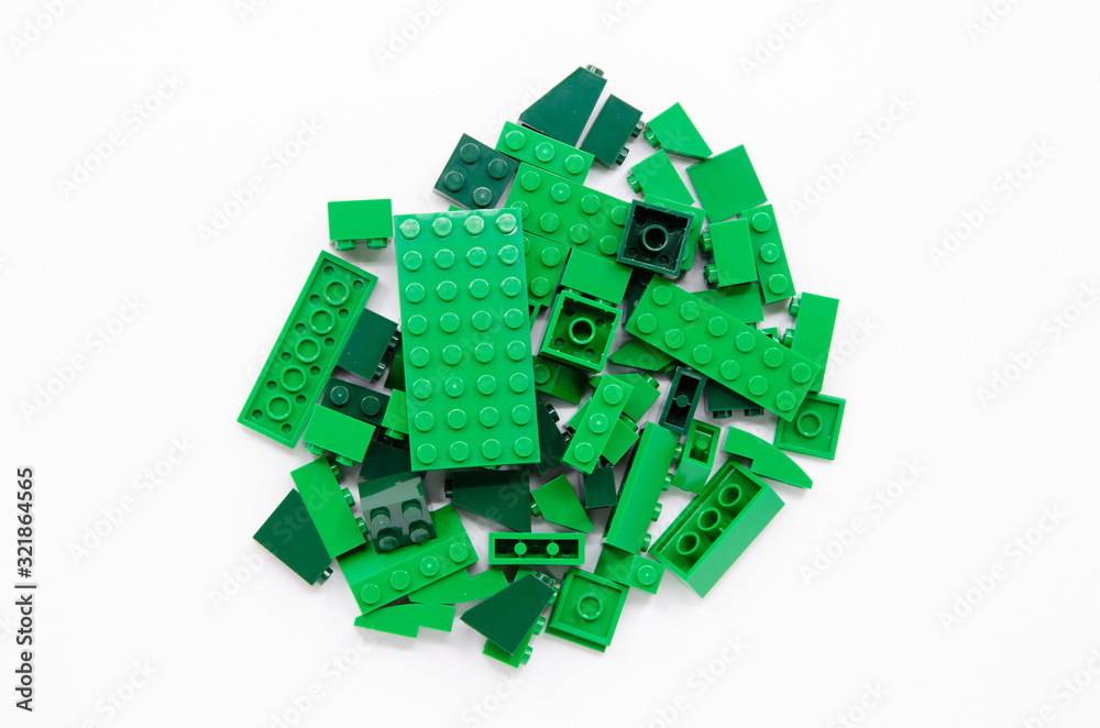 Top view of Pile of Green Bricks Blocks isolated on white background