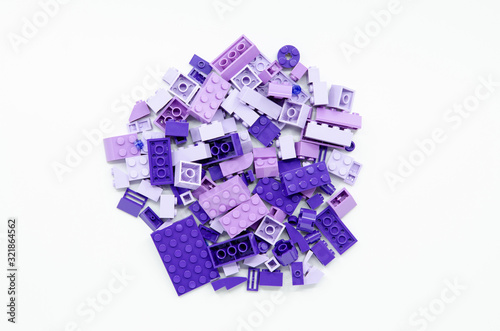 Top view of Pile of Purple Bricks Blocks isolated on white background