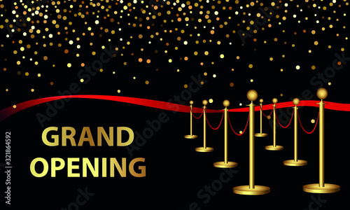 Grand opening. Golden confetti and red silk ribbon on a black background. Inauguration banner opening celebration.